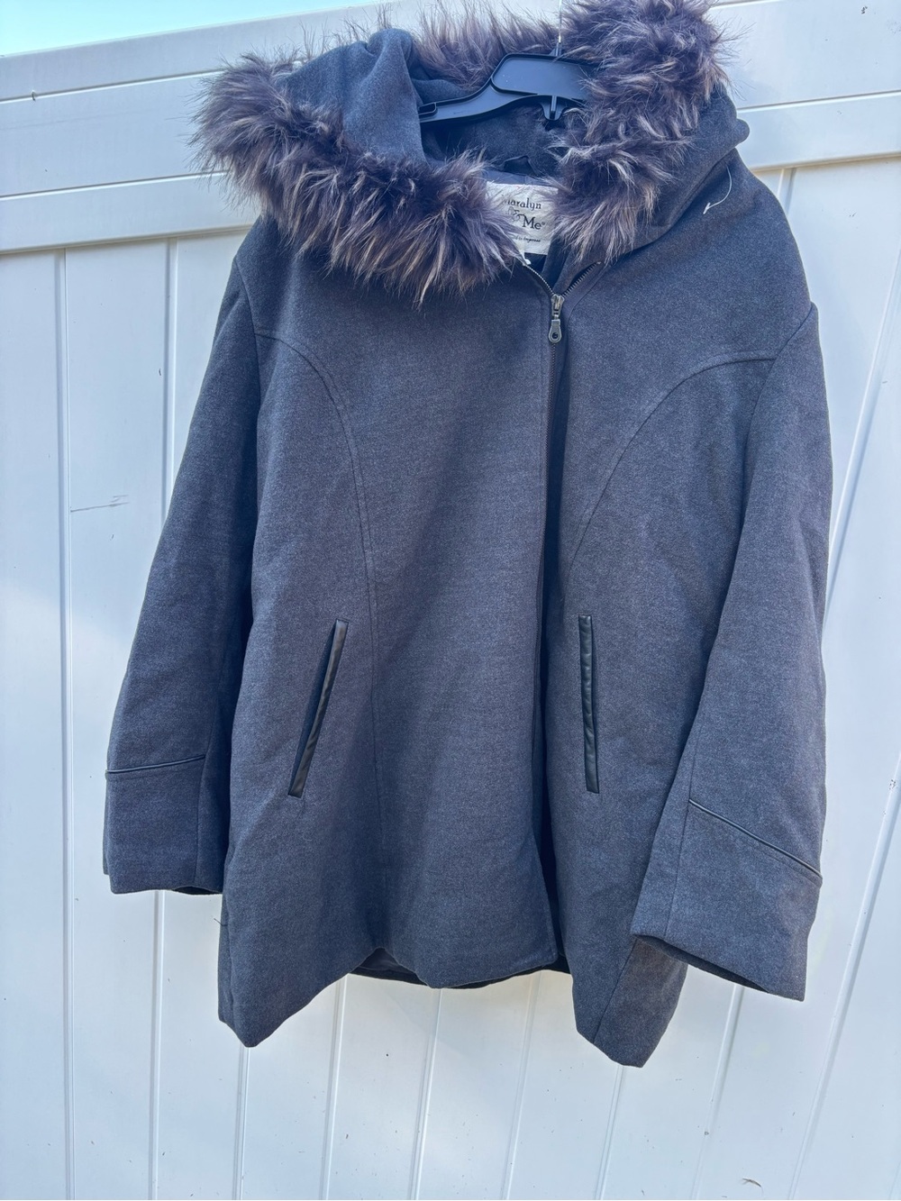 Maralyn & Me Dark Gray Hooded Pea Coat with Faux Fur Trim